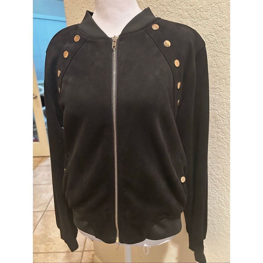 Haute Monde Women's L Black Zip Flight Jacket Gold Studded Edgy Alternative NWT